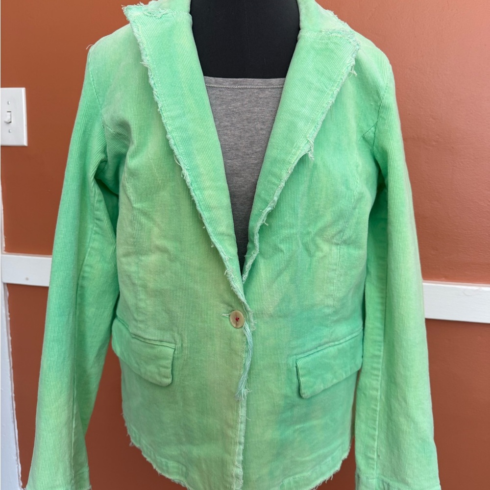 Frayed-Trim Light Green Women's Blazer Jacket